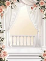 Romantic Balcony Setting with Roses, Columns, and White Drapes Backdrop photo