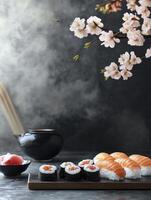 Sushi Nigiri and Maki Rolls with Blossom on a Dark Background photo