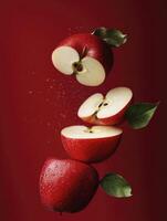 Floating Sliced Red Apples Fresh Fruit Display Against Dark Red Background photo