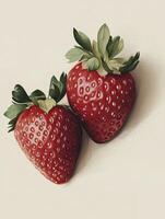 Two Ripe Strawberries with Leaves on Cream Background Still Life photo