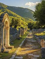Exploring Ancient City Ruins Path with Mountain Backdrop and Summer Sunlight photo