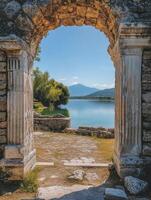 Viewing Lake Through Ancient Stone Archway with Mountain Backdrop Scenery photo