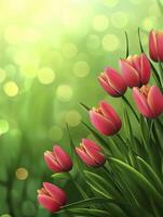 Blooming Red Tulips on Green Background with Bokeh Lights Effect photo