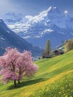 Pink Flowering Tree in Swiss Alps Meadow with Mountain View photo