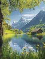 Idyllic Lake Cabin with Snow Mountain Views and Lush Greenery photo