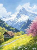 Idyllic Mountain Scenery with House and Blooming Tree in Spring photo