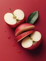 Sliced Red Apples with Leaf on Red Background - Fresh and Healthy photo