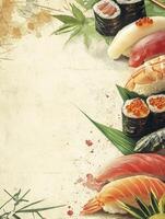 Assorted Sushi and Maki Rolls Illustration on Textured Background with Space photo