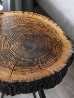 Rustic Wood Slice Table with Unique Tree Rings and Natural Texture photo