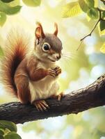 Squirrel Eating Nut on Branch in a Sunny Forest Setting photo