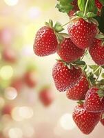 Fresh Red Strawberries Hanging on Vine with Bokeh Background Closeup photo