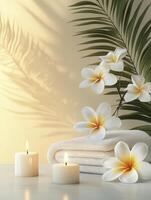 Plumeria Flowers and Candles on Towels Creating a Spa Scene photo