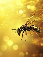 Wasp Illustration Flying on Golden Bokeh Background for Nature Concepts photo