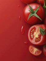 Fresh Tomatoes and Slices on a Red Background with Water Droplets photo