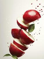 Slices of Fresh Red Apple Floating with Water Droplets and Leaves photo