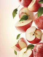 Floating Fresh Red Apples with Green Leaves on Gradient Background photo