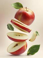Arrangement of Sliced Red Apple with Green Leaves in Air photo
