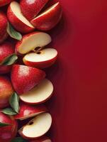 Fresh Red Apples Arranged with Slices on Dark Red Background photo