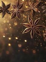 Star Anise Spice Floating with Gold Bokeh Lights Festive Backdrop photo