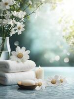 Spa Day Still Life with White Towels, Soap, Flowers and Candle photo