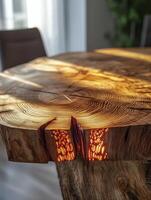 Unique Wooden Table with Glowing Resin Inlay and Visible Wood Grain photo