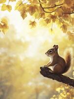 Squirrel Sitting on Branch in Autumn Forest with Golden Light photo
