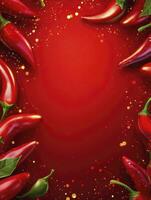 Arrangement of Red Chili Peppers Around Red Background with Sparkles photo