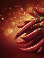 Arrangement of Fresh Red Chili Peppers with Water Droplets on Red photo