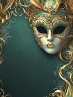 Elegant Venetian Mask with Gold Accents on Teal Background for Celebrations photo