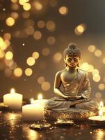 Golden Buddha Statue Meditating with Candles and Bokeh Lights Background photo