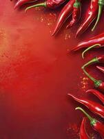 Red Chili Peppers on Red Background with Spice for Culinary Use photo