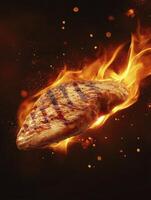 Grilled Chicken Breast with Flames and Black Background for Culinary Use photo