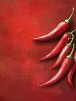 Red Chili Peppers on Red Background for Spicy Food Concept photo