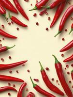 Red Chili Peppers Frame with Seeds on Pale Yellow Background photo
