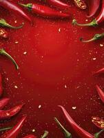 Red Chili Peppers and Seeds Bordering a Red Background with Space photo