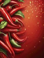 Fresh Red Chili Peppers with Green Leaf on a Red Background photo