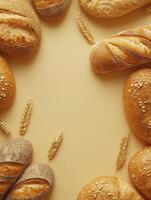 Variety of Fresh Baked Bread with Wheat Stalks on Cream Background photo