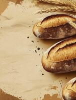 Artistic Bread Loaves and Wheat Stalks on Vintage Paper Background photo