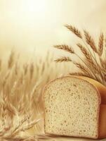 Golden Wheat Field with Fresh Bread Slice for Bakery Concepts photo