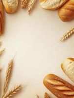 Fresh Bread and Wheat Border on Beige Background with Copy Space photo