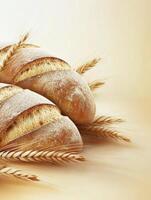 Freshly Baked Bread Loaves with Wheat Stalks on Beige Background photo