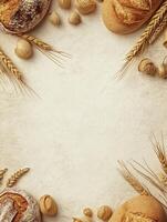 Artisan Bread Background with Wheat Decoration and Empty Space for Text photo
