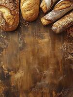 Artisan Bread Assortment on Rustic Wood Table for Bakery Concepts photo