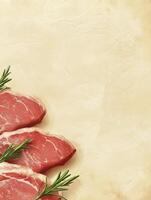 Fresh Raw Meat Cuts with Rosemary on Neutral Textured Background Art photo