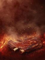 Grilled Beef Rib with Flames and Smoke for a Spicy Meal photo