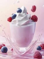 Refreshing Yogurt Parfait with Berries and Splashing Liquid Close-up photo