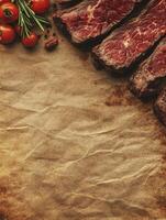 Sliced Steak with Tomatoes and Rosemary on Rustic Paper Background photo