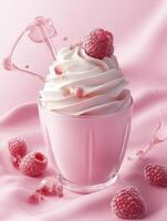 Refreshing Raspberry Smoothie with Whipped Cream and Delicate Pink Background photo