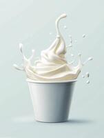 Milk Splashing From Paper Cup with Smooth Creamy Texture on White photo