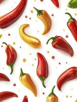 Assorted Chili Peppers with Colorful Arrangement on White Background Pattern photo